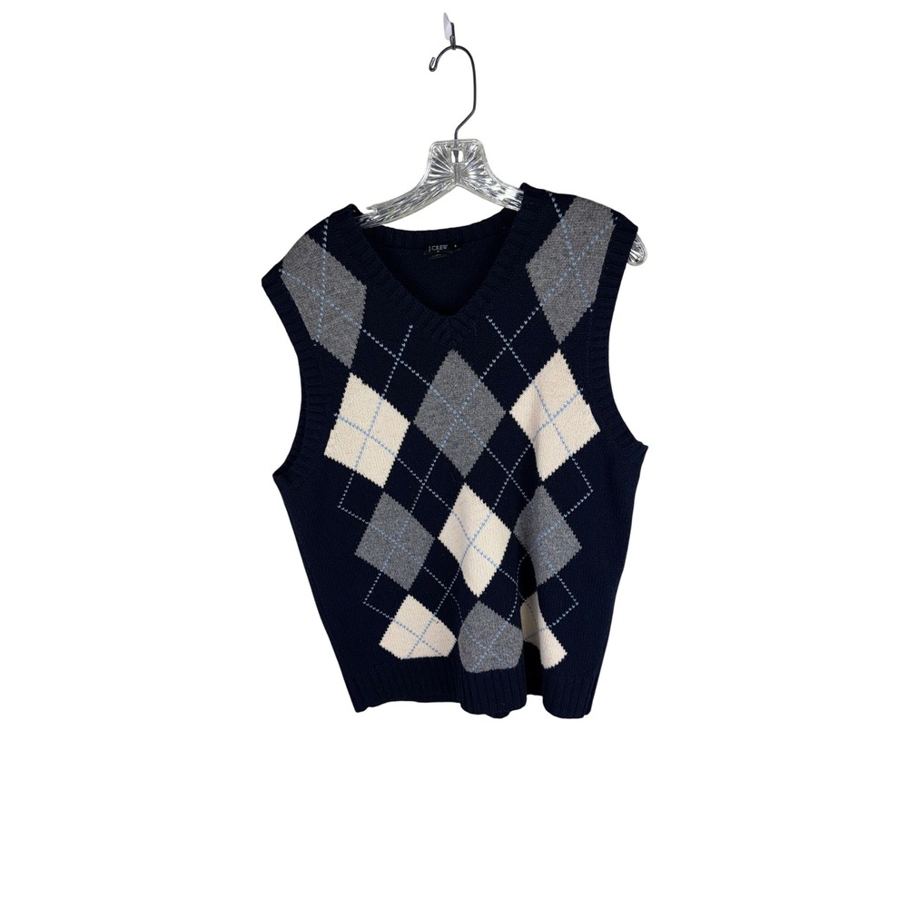 J.Crew Mens Argyle Sweater Vest Navy Blue 100% Lambswool V-Neck Medium